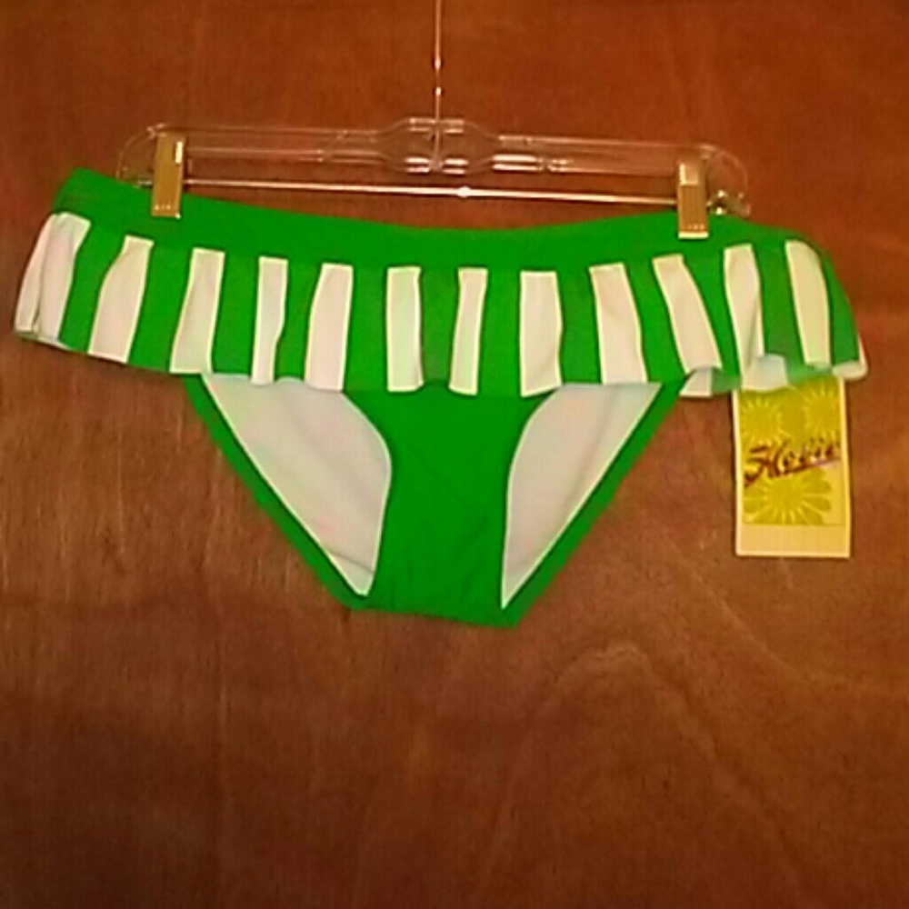 Hobie Short Skirt Ruffle Green White Bikini Bottom